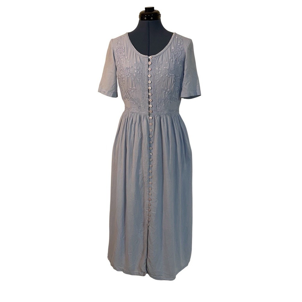 Vtg Together Blue Embroidered Button Front Maxi Dress Cottagecore Praire Boho M